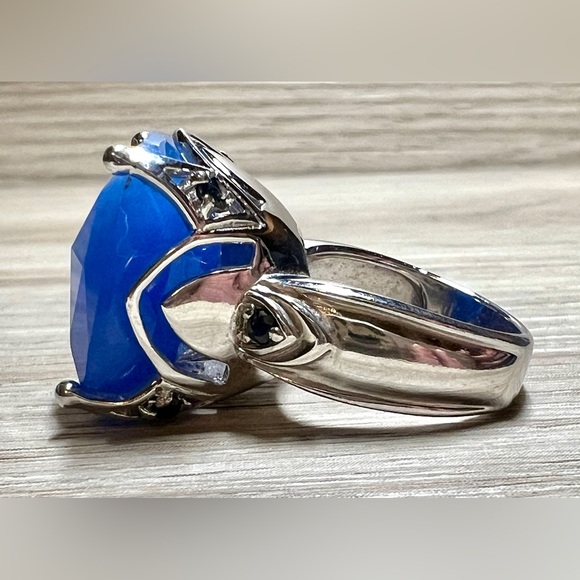 Vintage Designer Signed (SX) Sterling Silver Blue Jade & Sapphire Ring, Size 6 - Picture 4 of 14